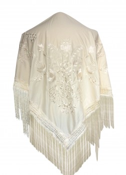 Spanischer Manton/Tuch, creme weiß mit weißen Blumen Größe L
