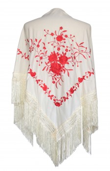 Spanischer Manton/Tuch, creme weiß mit roten Blumen