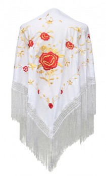 Spanischer Manton/Tuch, weiß Gold mit roten Blumen