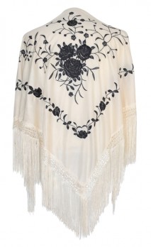 Spanischer Manton/Tuch, creme weiß mit schwarzen Blumen