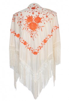 Spanischer Manton/Tuch, creme weiß mit orangen Blumen