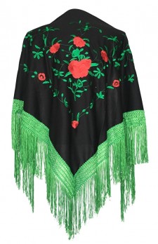 Spanischer Manton/Tuch schwarz grün mit roten Rosen