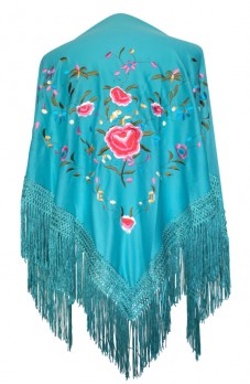 Spanischer Manton/Tuch Türkis blau mit Blumen